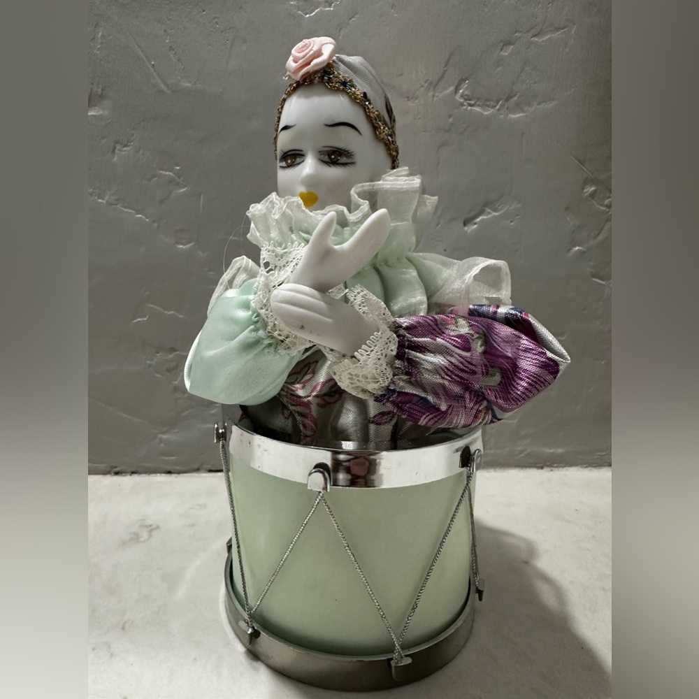 Vintage Porcelain Harlequin Jester Doll In A Drum Animated Music Box Working
